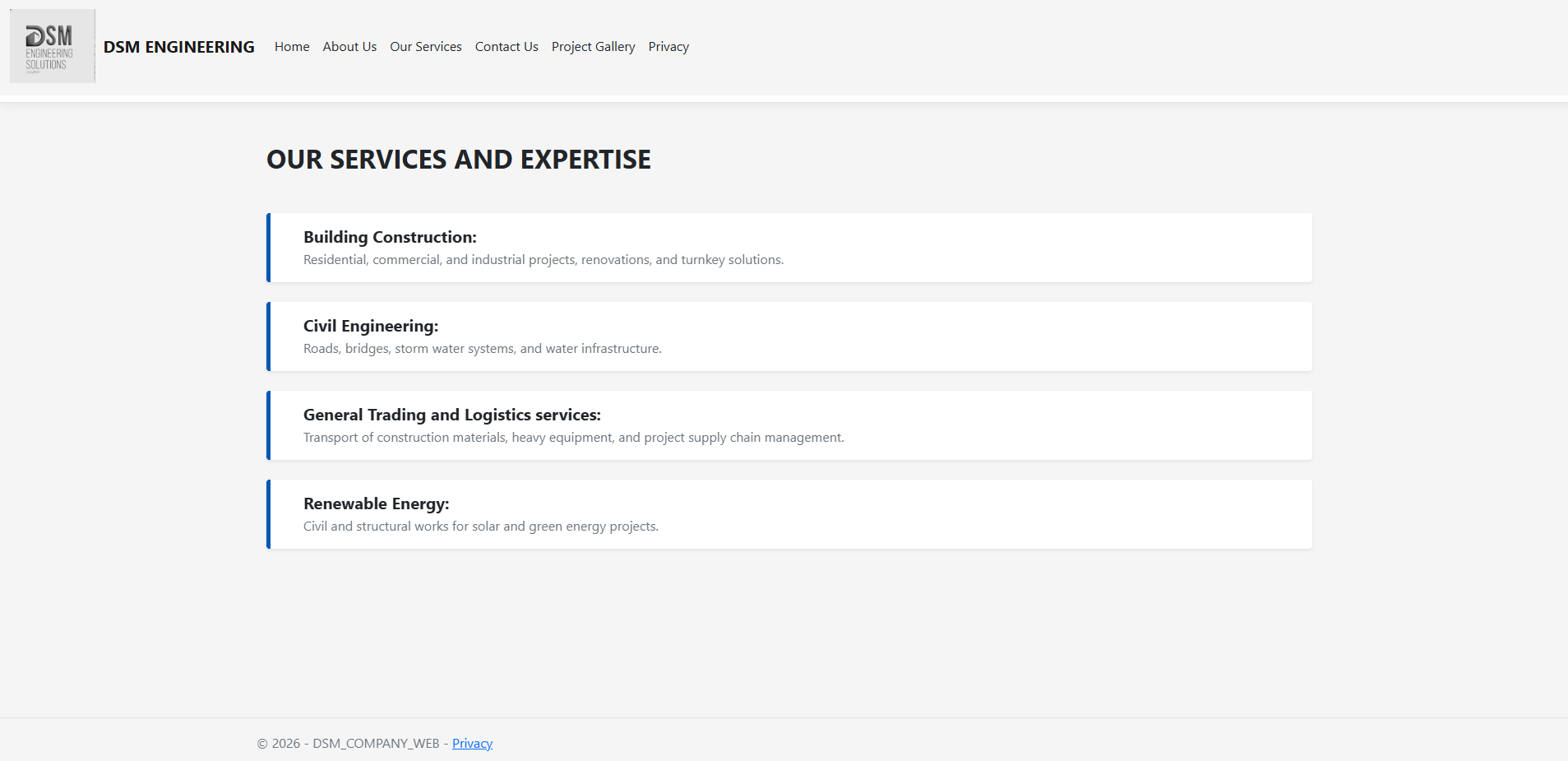 Construction company website – services